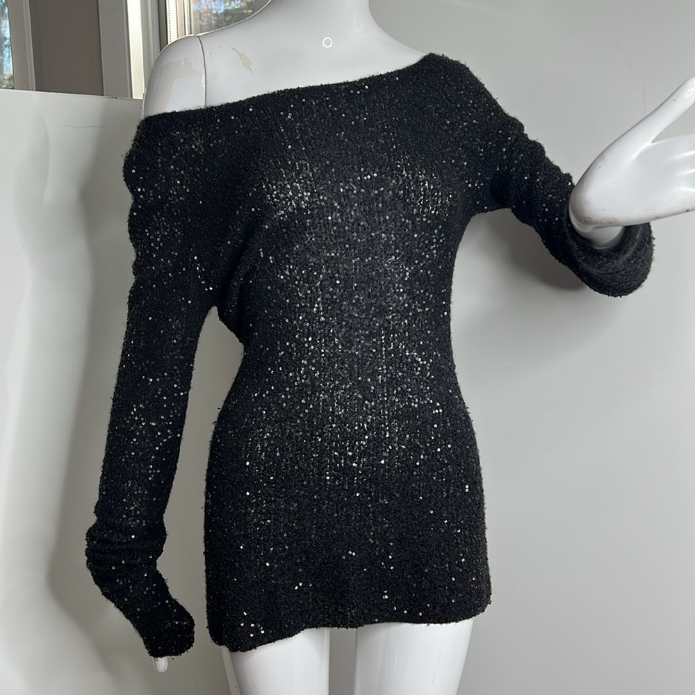 Donna Karan Sz M Black Cashmere Micro Beaded Boatneck Off The Shoulder Sweater